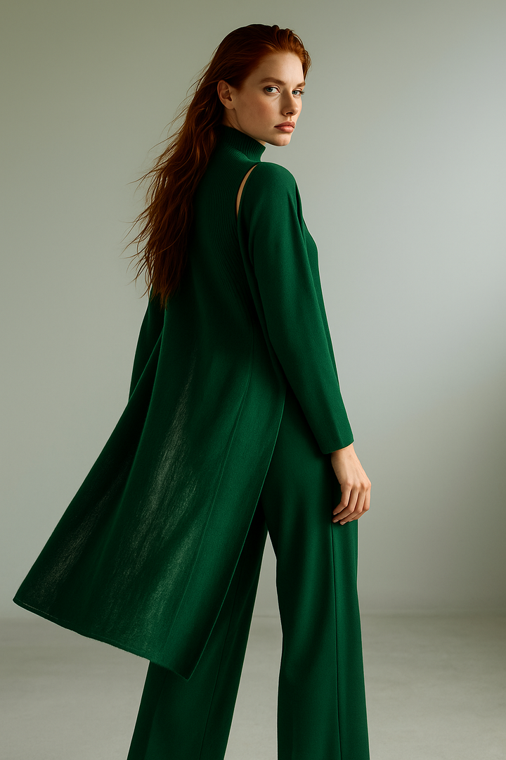 Three-Piece Knit Lounge Set with Ribbed High-Neck Sweater, Wide-Leg Pants, and Open Cardigan