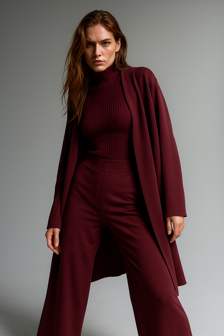 Three-Piece Knit Lounge Set with Ribbed High-Neck Sweater, Wide-Leg Pants, and Open Cardigan