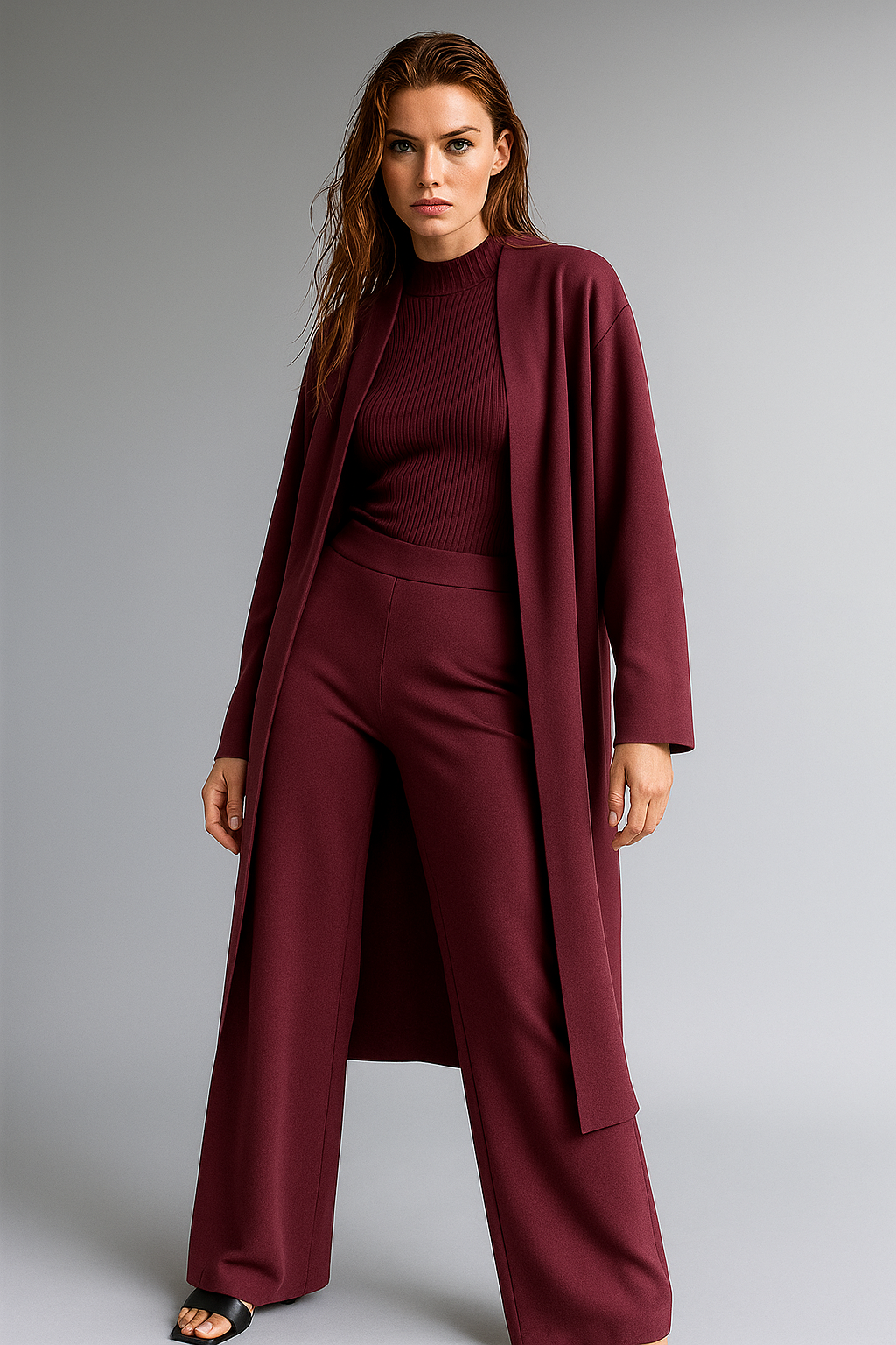 Three-Piece Knit Lounge Set with Ribbed High-Neck Sweater, Wide-Leg Pants, and Open Cardigan
