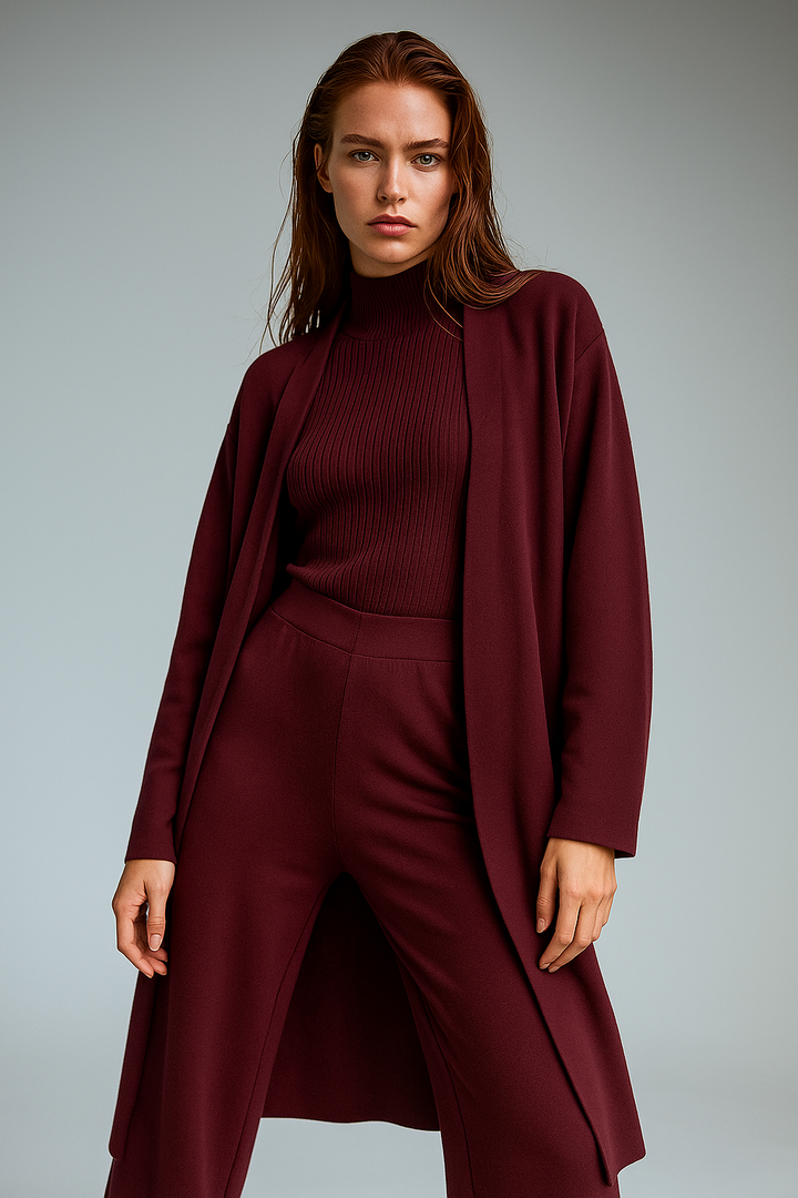 Three-Piece Knit Lounge Set with Ribbed High-Neck Sweater, Wide-Leg Pants, and Open Cardigan