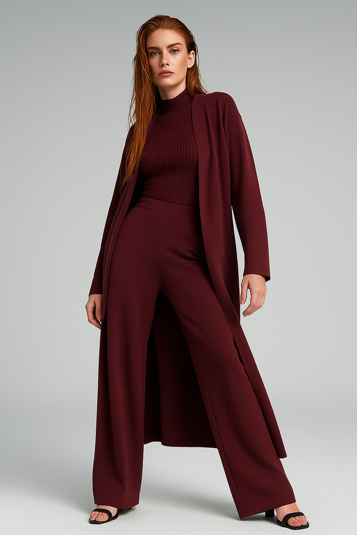 Three-Piece Knit Lounge Set with Ribbed High-Neck Sweater, Wide-Leg Pants, and Open Cardigan