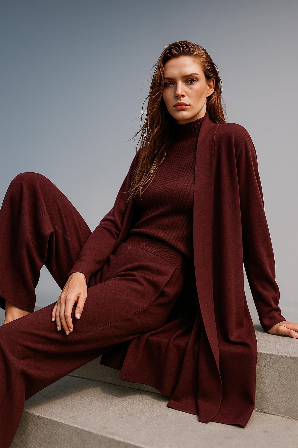 Three-Piece Knit Lounge Set with Ribbed High-Neck Sweater, Wide-Leg Pants, and Open Cardigan