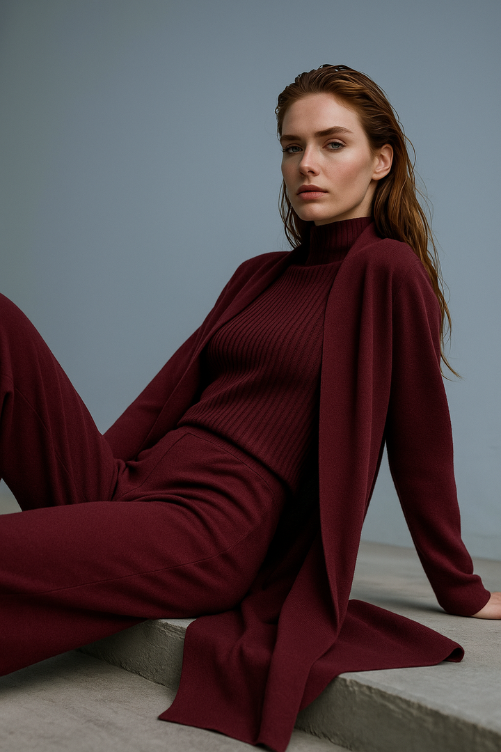 Three-Piece Knit Lounge Set with Ribbed High-Neck Sweater, Wide-Leg Pants, and Open Cardigan