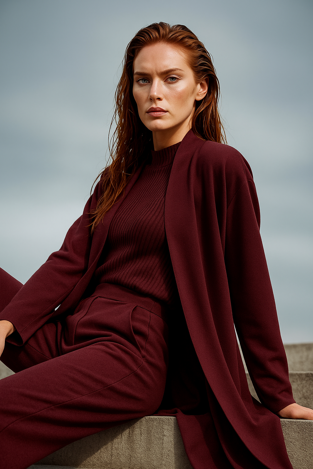 Three-Piece Knit Lounge Set with Ribbed High-Neck Sweater, Wide-Leg Pants, and Open Cardigan
