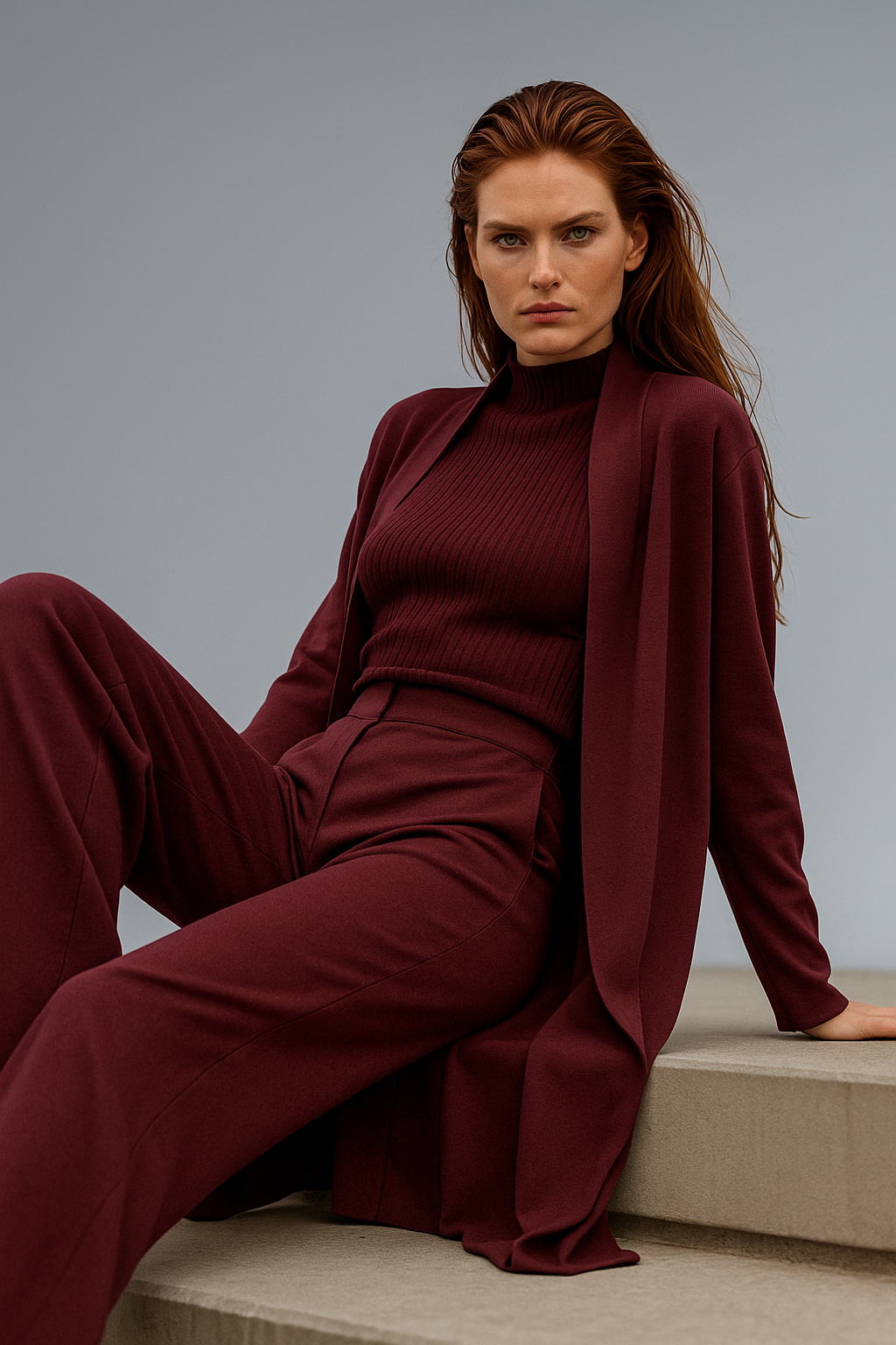 Three-Piece Knit Lounge Set with Ribbed High-Neck Sweater, Wide-Leg Pants, and Open Cardigan