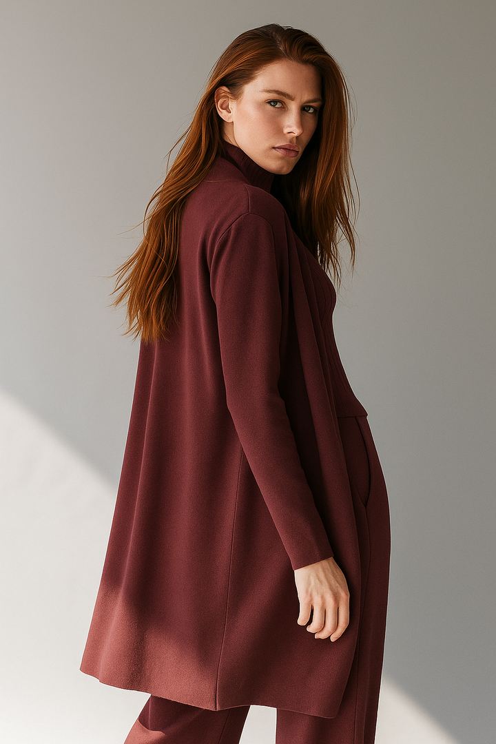 Three-Piece Knit Lounge Set with Ribbed High-Neck Sweater, Wide-Leg Pants, and Open Cardigan