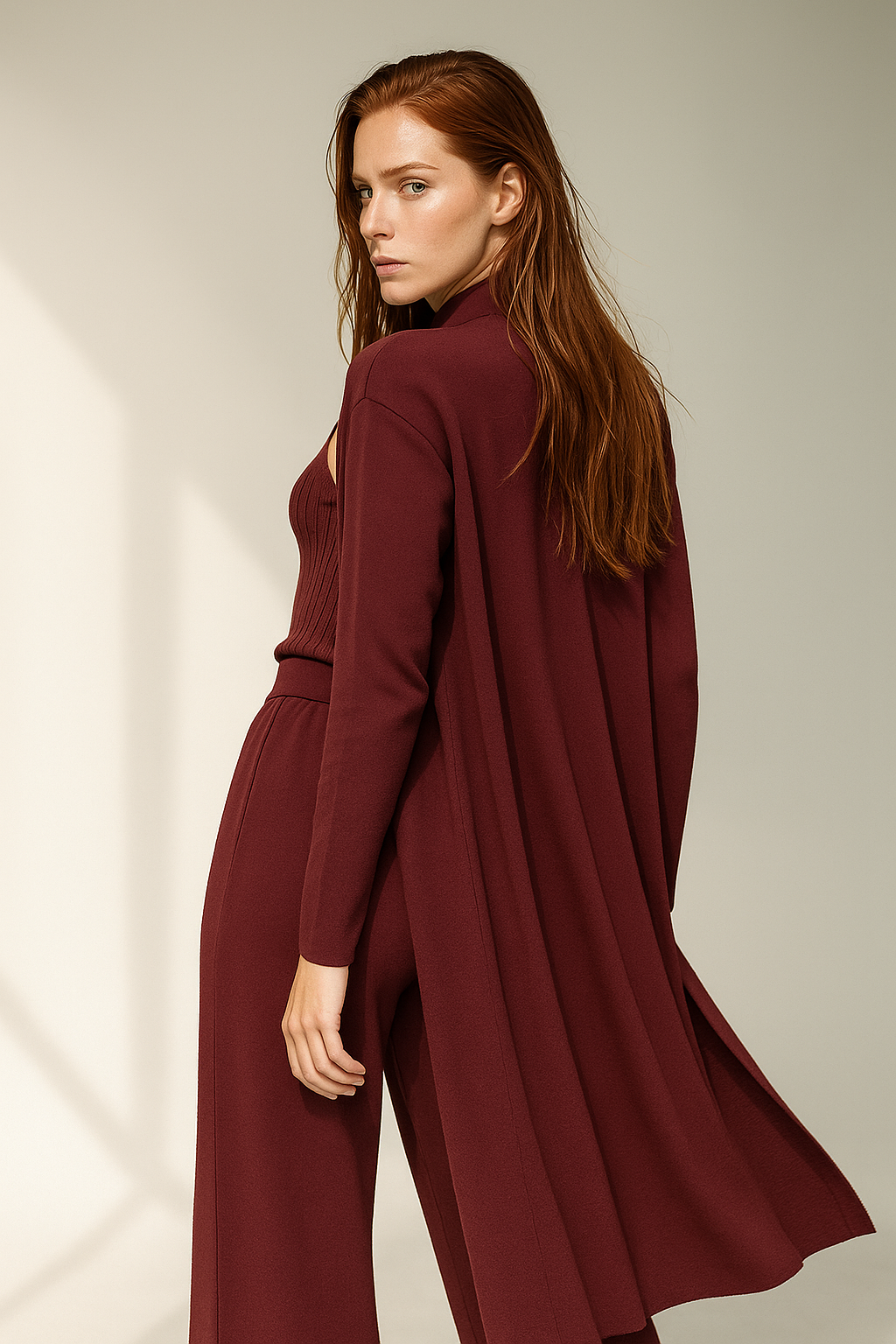 Three-Piece Knit Lounge Set with Ribbed High-Neck Sweater, Wide-Leg Pants, and Open Cardigan