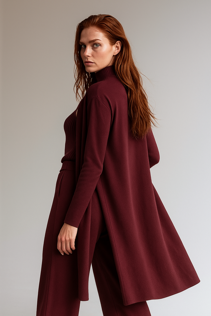 Three-Piece Knit Lounge Set with Ribbed High-Neck Sweater, Wide-Leg Pants, and Open Cardigan