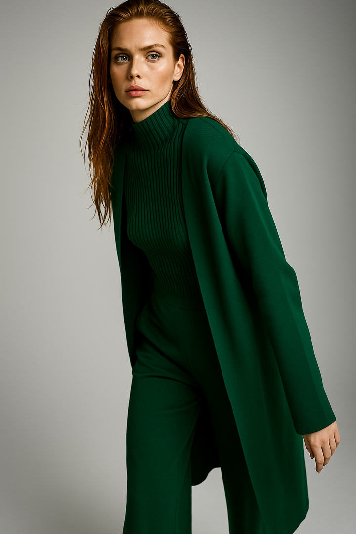 Three-Piece Knit Lounge Set with Ribbed High-Neck Sweater, Wide-Leg Pants, and Open Cardigan