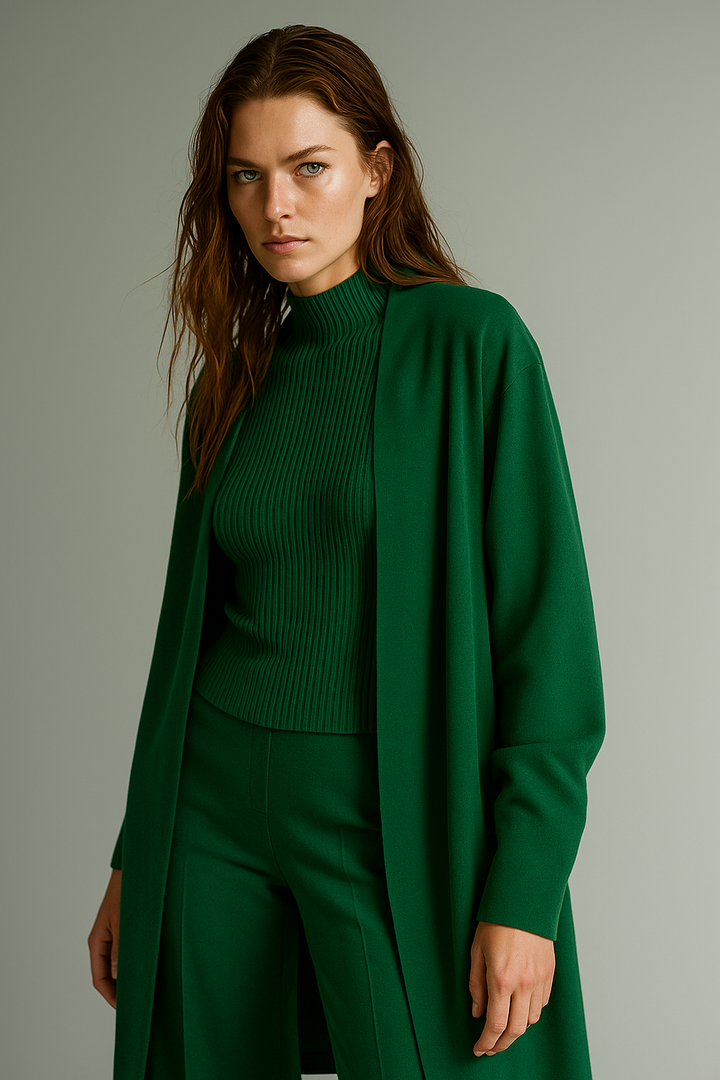 Three-Piece Knit Lounge Set with Ribbed High-Neck Sweater, Wide-Leg Pants, and Open Cardigan