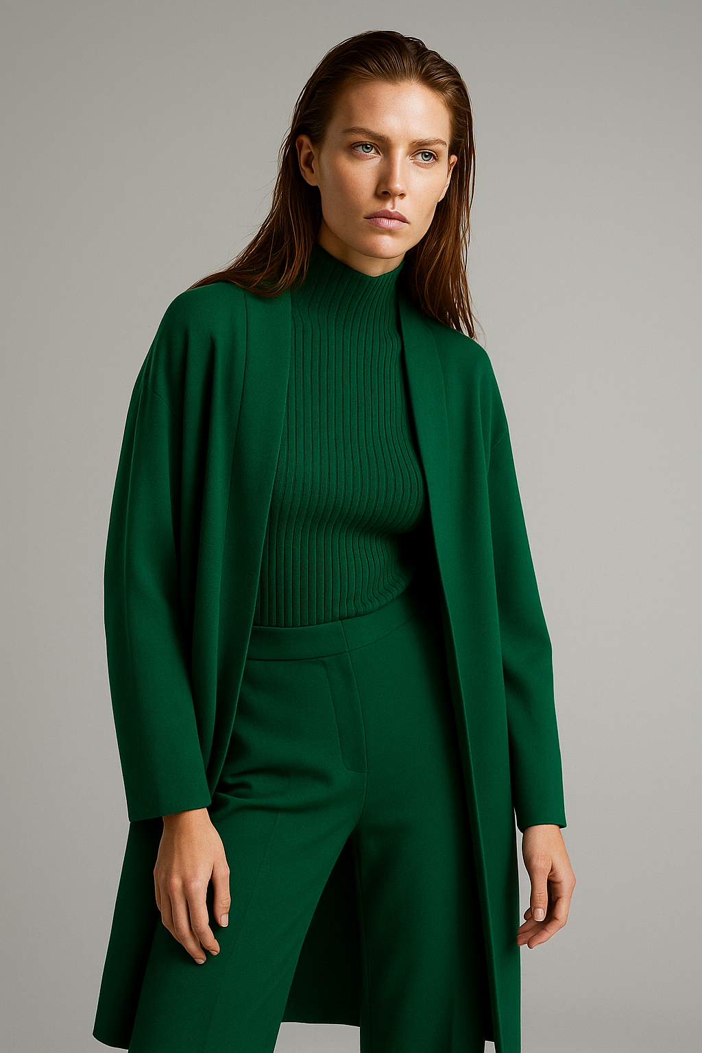 Three-Piece Knit Lounge Set with Ribbed High-Neck Sweater, Wide-Leg Pants, and Open Cardigan