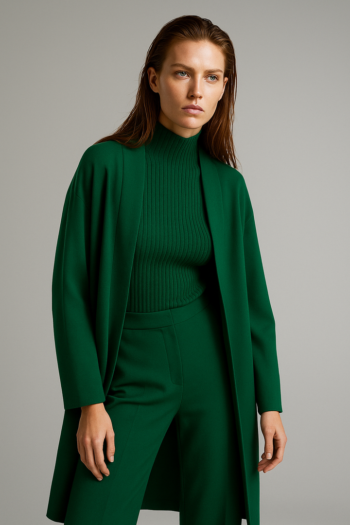 Three-Piece Knit Lounge Set with Ribbed High-Neck Sweater, Wide-Leg Pants, and Open Cardigan