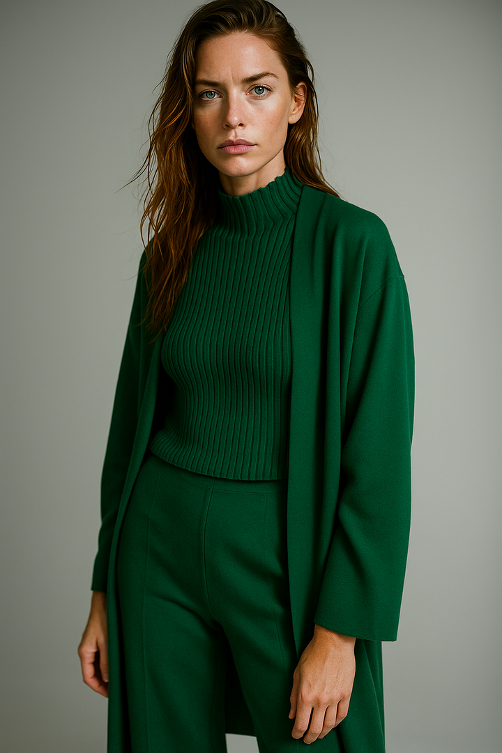 Three-Piece Knit Lounge Set with Ribbed High-Neck Sweater, Wide-Leg Pants, and Open Cardigan