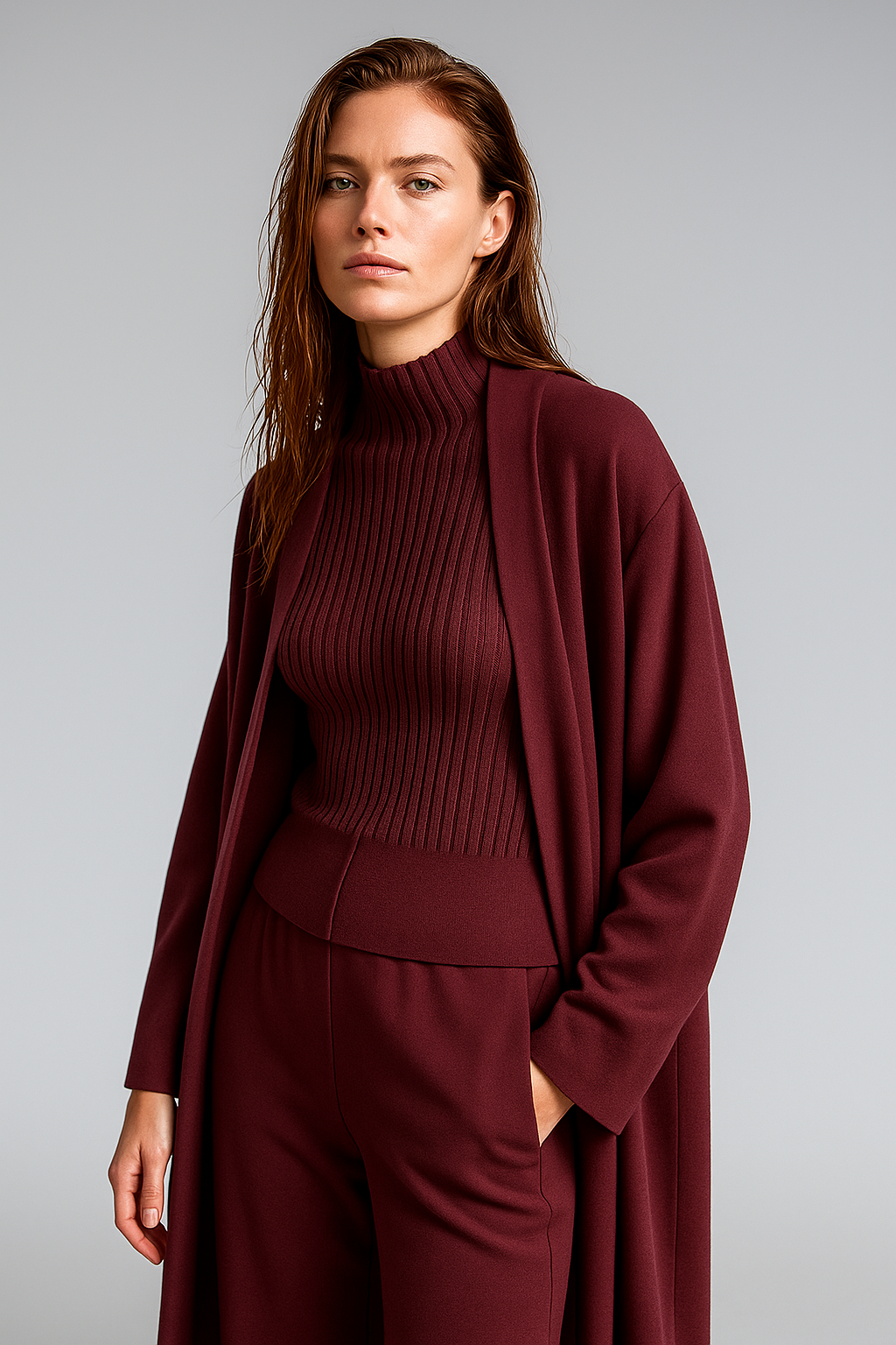 Three-Piece Knit Lounge Set with Ribbed High-Neck Sweater, Wide-Leg Pants, and Open Cardigan