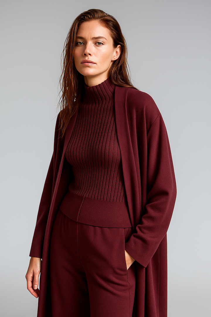 Three-Piece Knit Lounge Set with Ribbed High-Neck Sweater, Wide-Leg Pants, and Open Cardigan