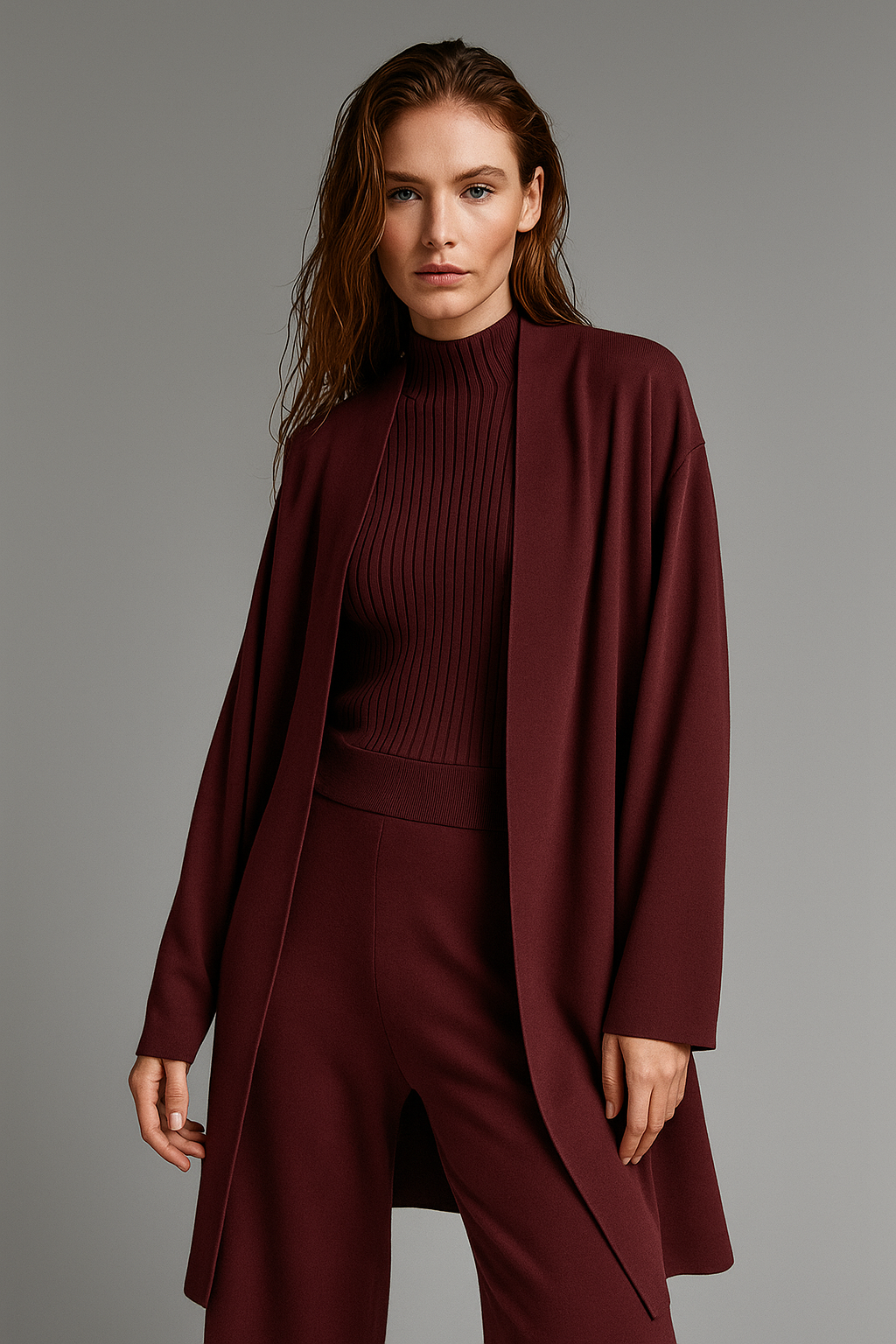 Three-Piece Knit Lounge Set with Ribbed High-Neck Sweater, Wide-Leg Pants, and Open Cardigan