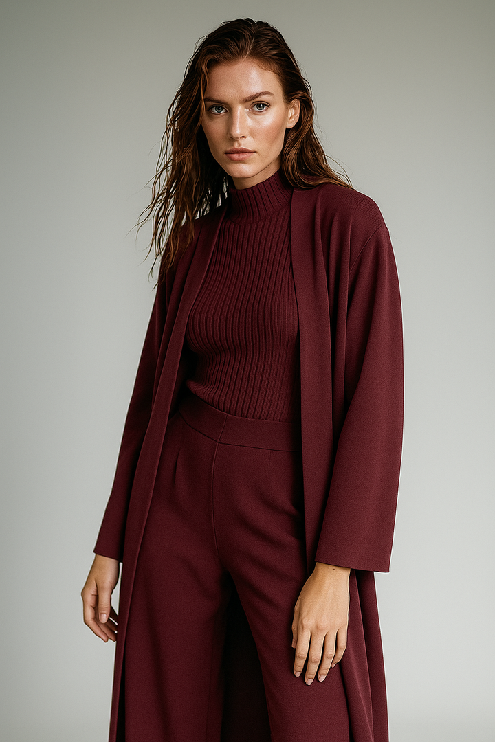 Three-Piece Knit Lounge Set with Ribbed High-Neck Sweater, Wide-Leg Pants, and Open Cardigan