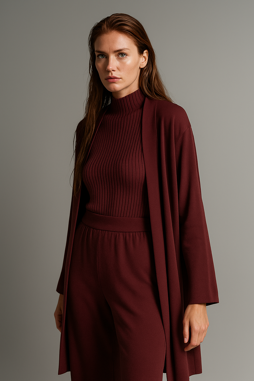 Three-Piece Knit Lounge Set with Ribbed High-Neck Sweater, Wide-Leg Pants, and Open Cardigan