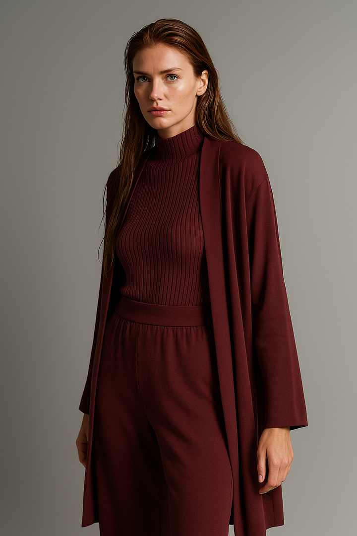 Three-Piece Knit Lounge Set with Ribbed High-Neck Sweater, Wide-Leg Pants, and Open Cardigan