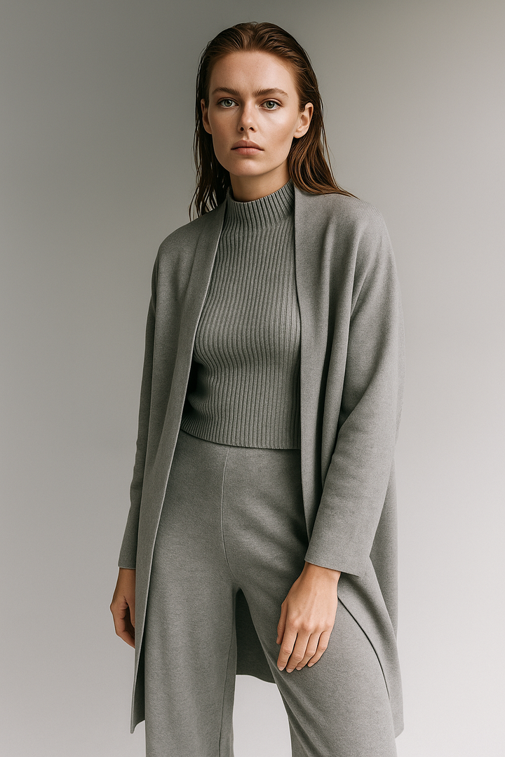 Three-Piece Knit Lounge Set with Ribbed High-Neck Sweater, Wide-Leg Pants, and Open Cardigan