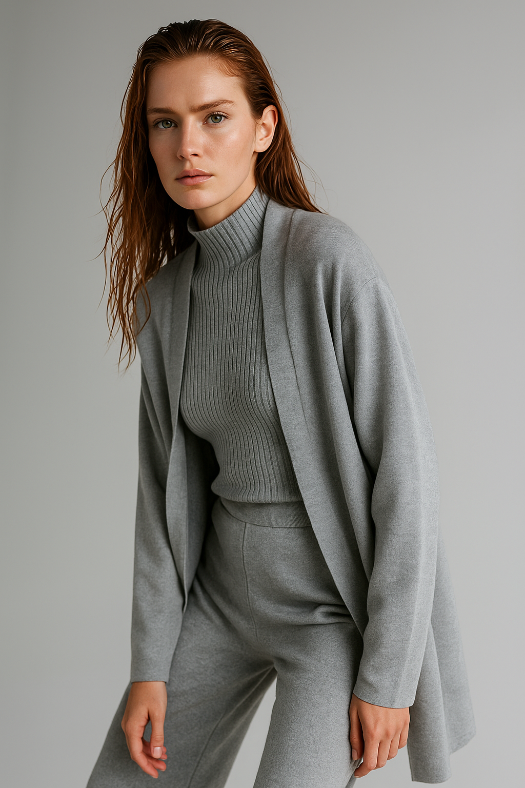Three-Piece Knit Lounge Set with Ribbed High-Neck Sweater, Wide-Leg Pants, and Open Cardigan