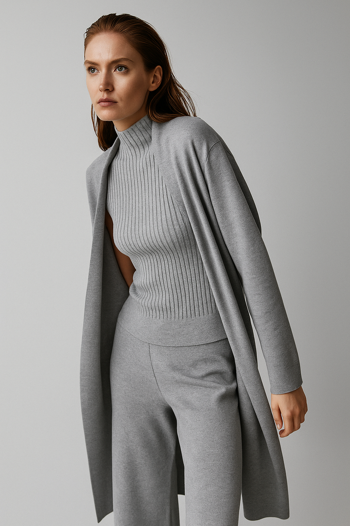Three-Piece Knit Lounge Set with Ribbed High-Neck Sweater, Wide-Leg Pants, and Open Cardigan