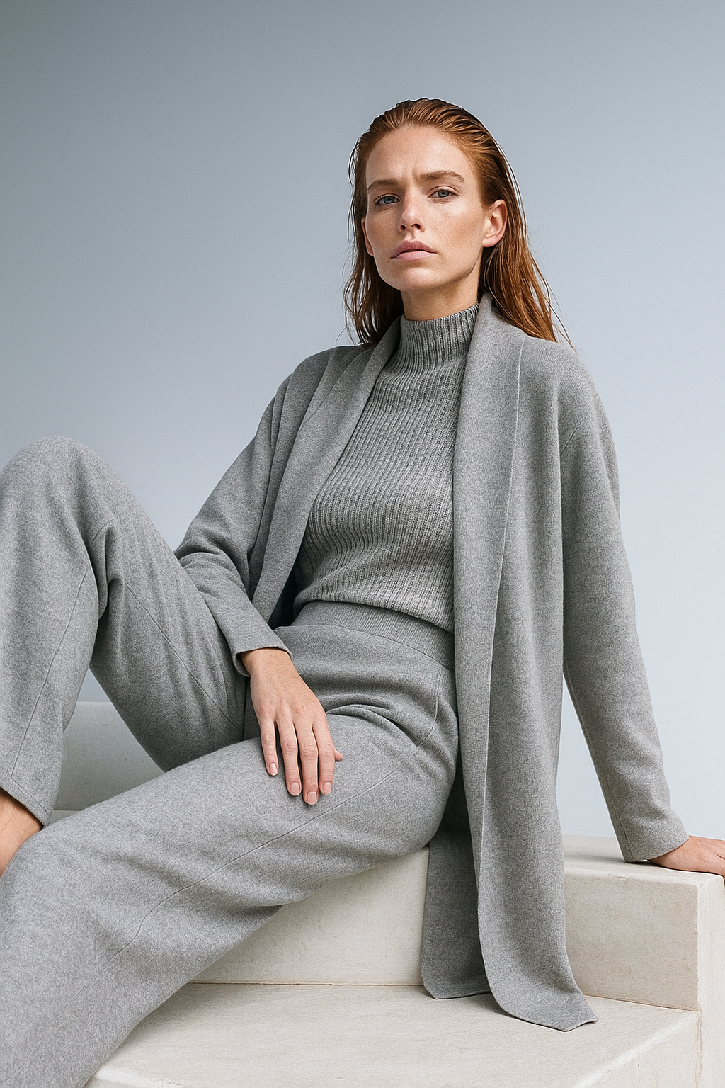 Three-Piece Knit Lounge Set with Ribbed High-Neck Sweater, Wide-Leg Pants, and Open Cardigan