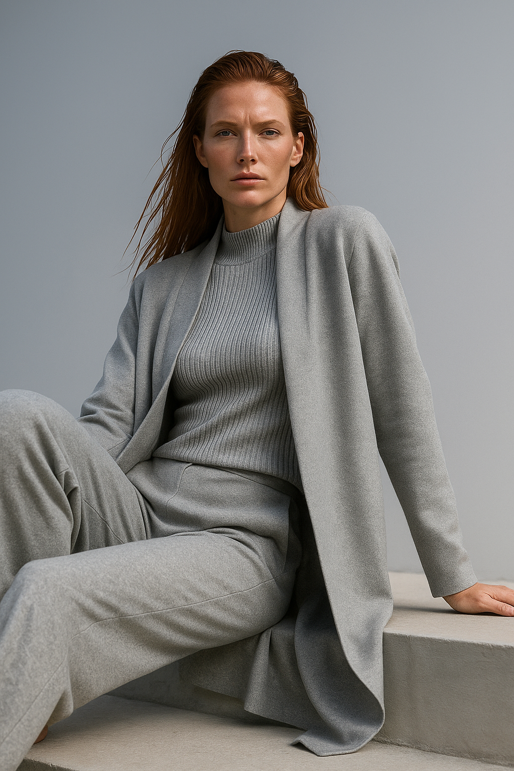 Three-Piece Knit Lounge Set with Ribbed High-Neck Sweater, Wide-Leg Pants, and Open Cardigan