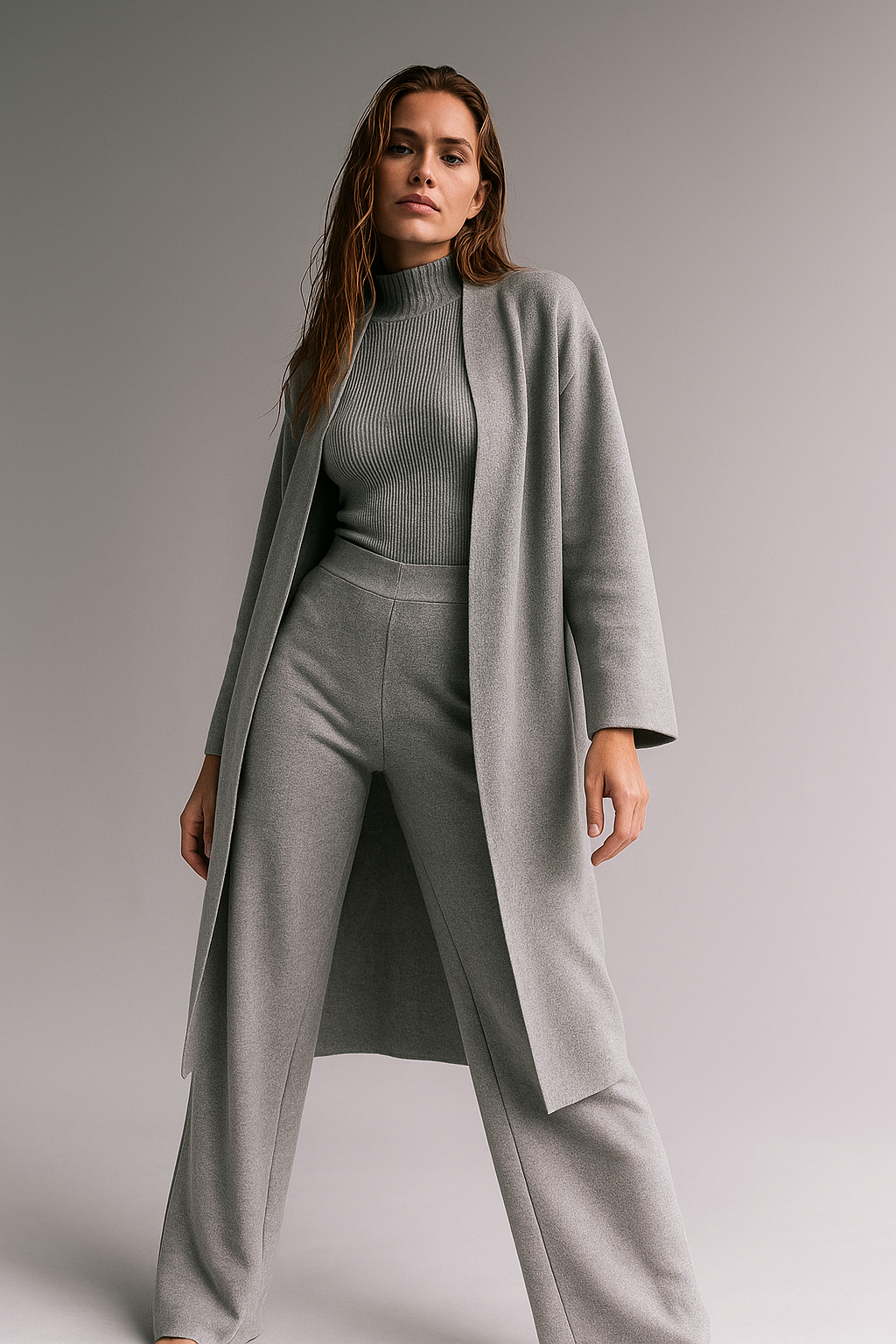 Three-Piece Knit Lounge Set with Ribbed High-Neck Sweater, Wide-Leg Pants, and Open Cardigan
