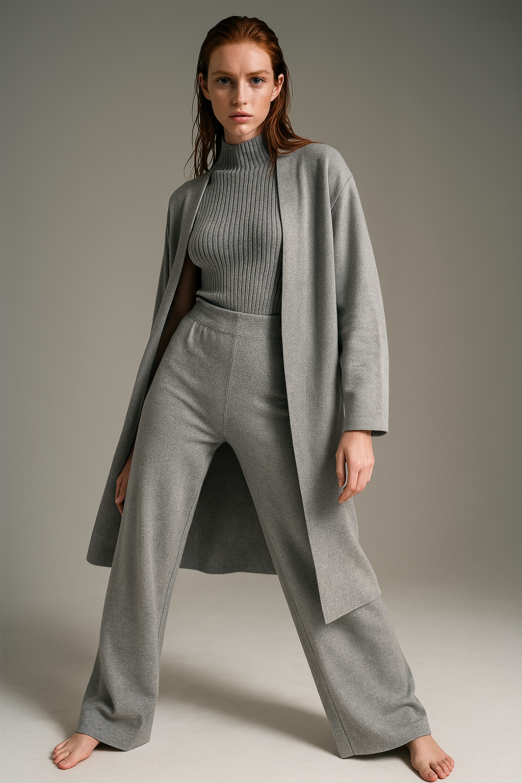 Three-Piece Knit Lounge Set with Ribbed High-Neck Sweater, Wide-Leg Pants, and Open Cardigan