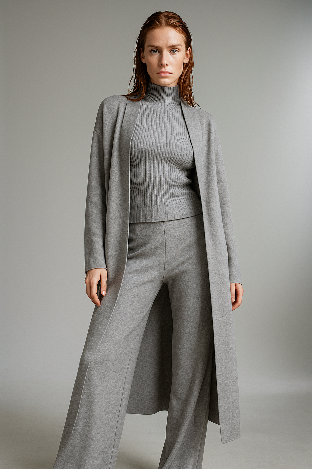 Three-Piece Knit Lounge Set with Ribbed High-Neck Sweater, Wide-Leg Pants, and Open Cardigan