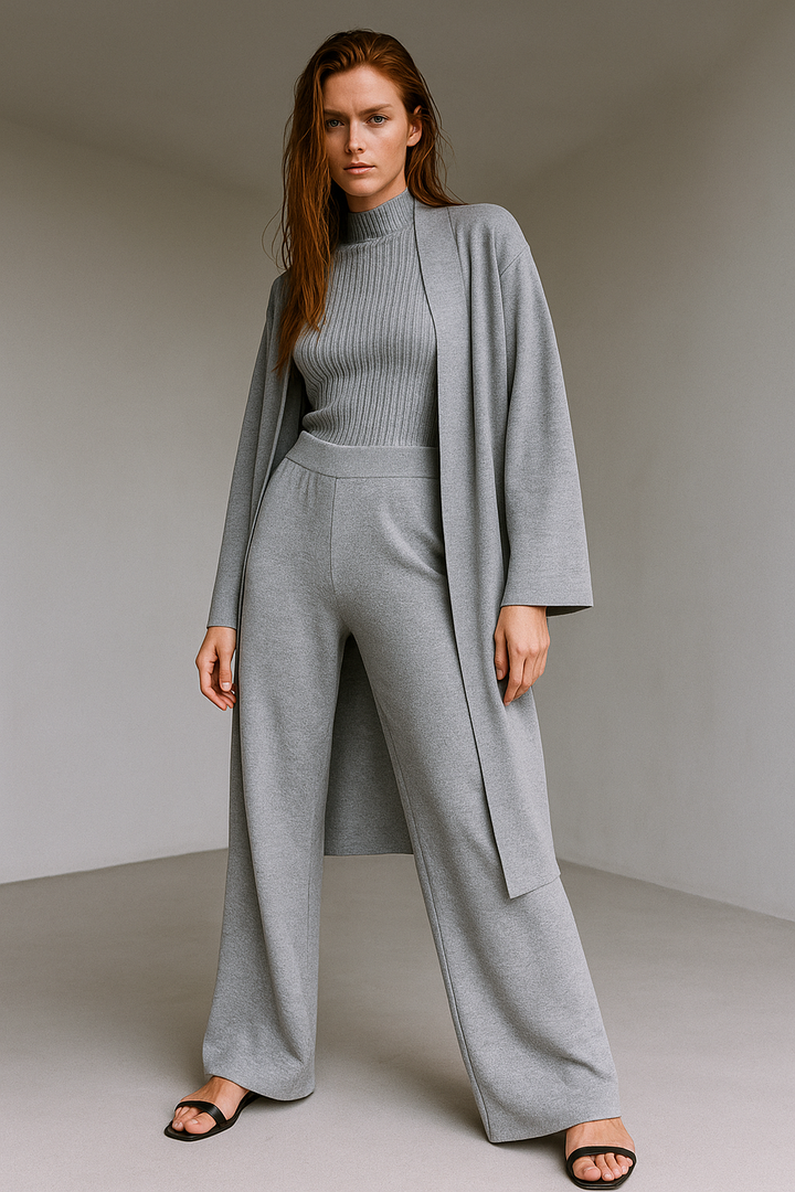 Three-Piece Knit Lounge Set with Ribbed High-Neck Sweater, Wide-Leg Pants, and Open Cardigan