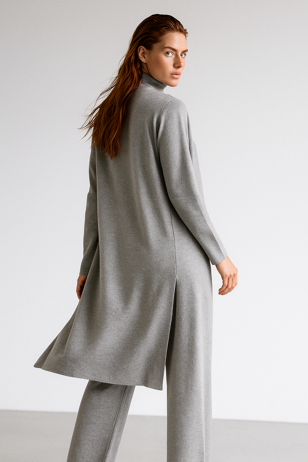 Three-Piece Knit Lounge Set with Ribbed High-Neck Sweater, Wide-Leg Pants, and Open Cardigan