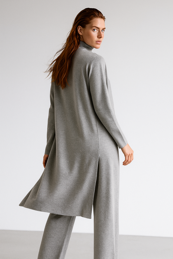 Three-Piece Knit Lounge Set with Ribbed High-Neck Sweater, Wide-Leg Pants, and Open Cardigan