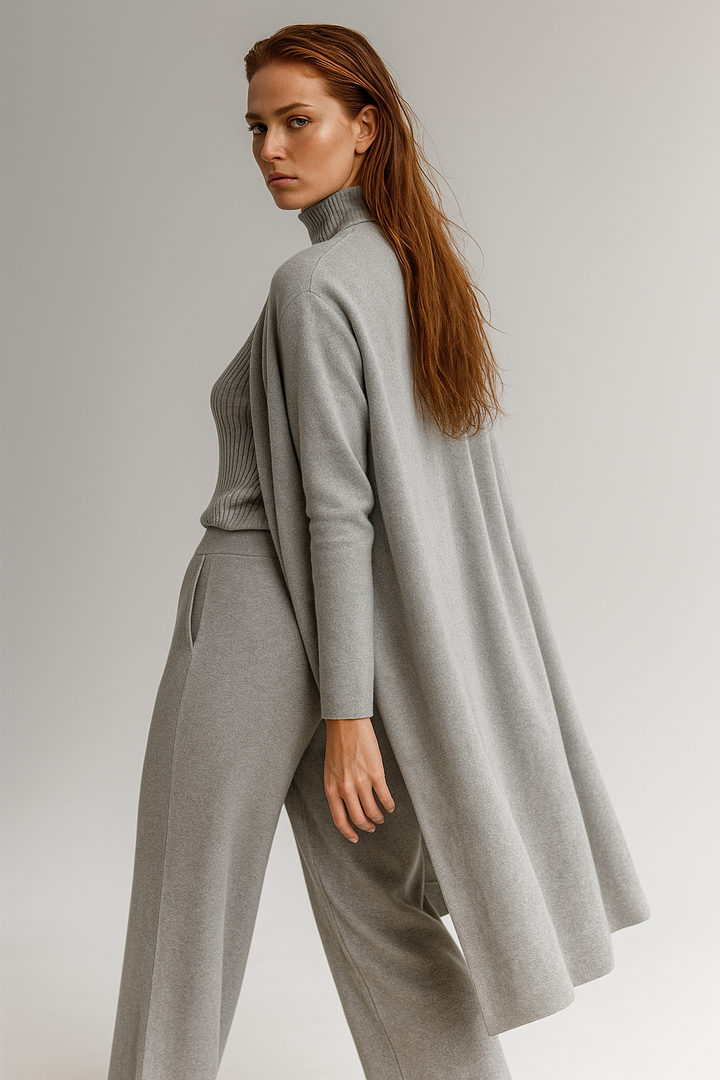 Three-Piece Knit Lounge Set with Ribbed High-Neck Sweater, Wide-Leg Pants, and Open Cardigan