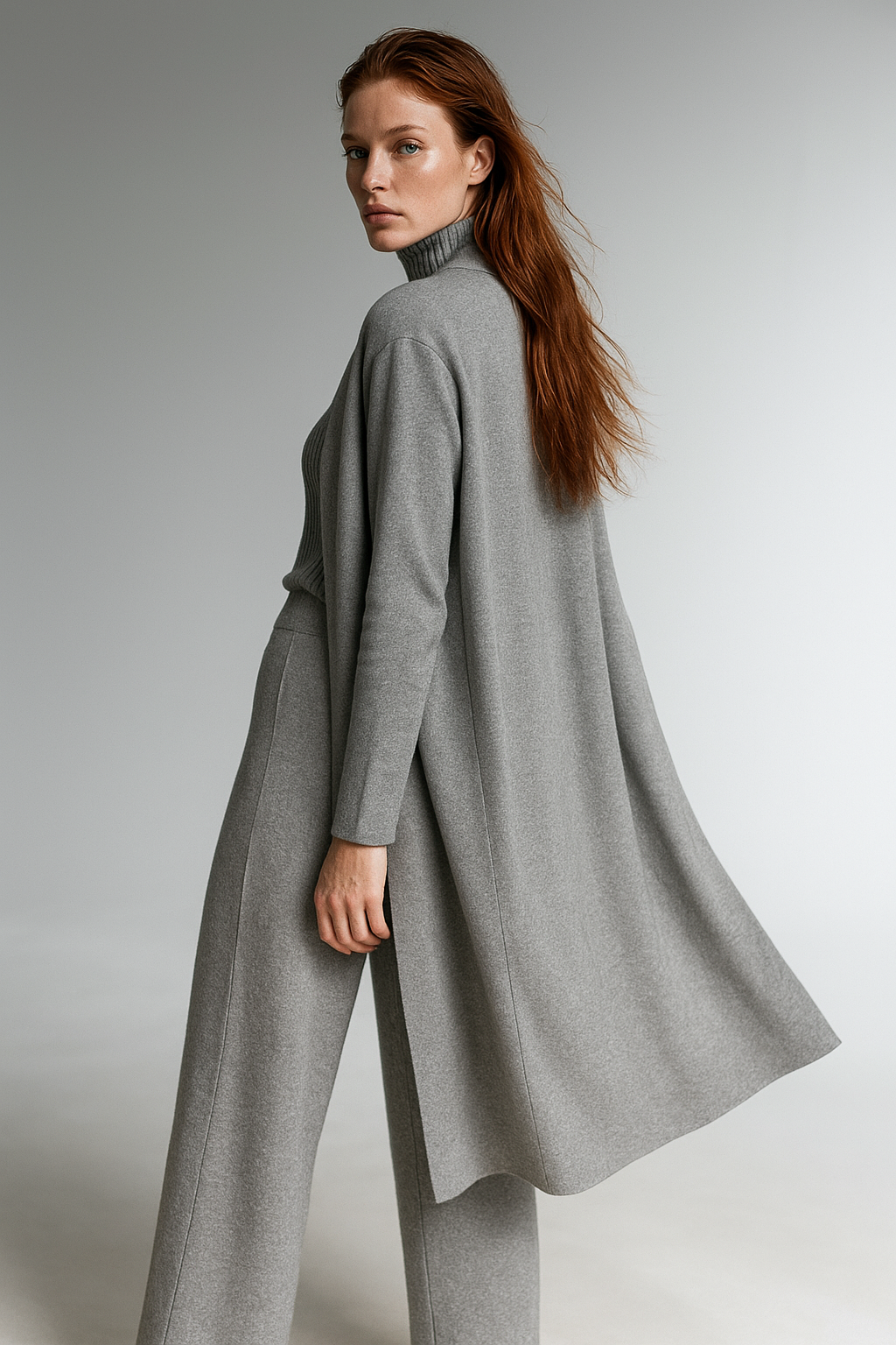 Three-Piece Knit Lounge Set with Ribbed High-Neck Sweater, Wide-Leg Pants, and Open Cardigan