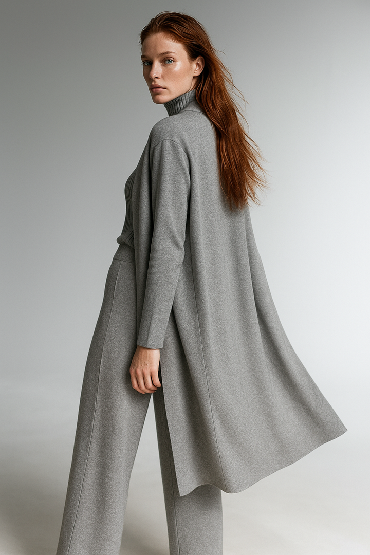 Three-Piece Knit Lounge Set with Ribbed High-Neck Sweater, Wide-Leg Pants, and Open Cardigan