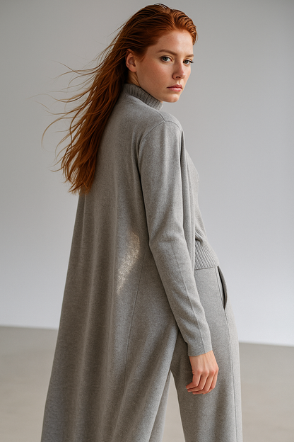 Three-Piece Knit Lounge Set with Ribbed High-Neck Sweater, Wide-Leg Pants, and Open Cardigan