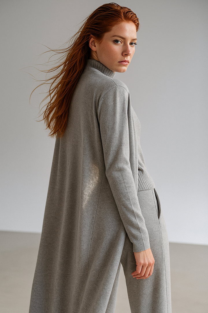 Three-Piece Knit Lounge Set with Ribbed High-Neck Sweater, Wide-Leg Pants, and Open Cardigan