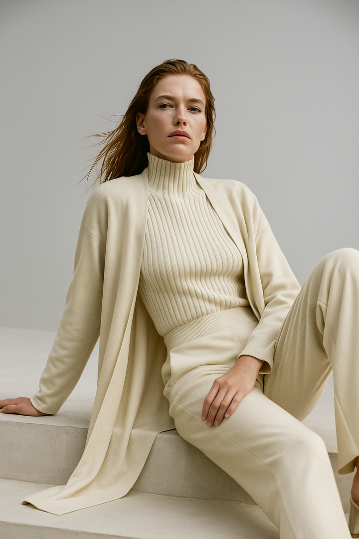 Three-Piece Knit Lounge Set with Ribbed High-Neck Sweater, Wide-Leg Pants, and Open Cardigan