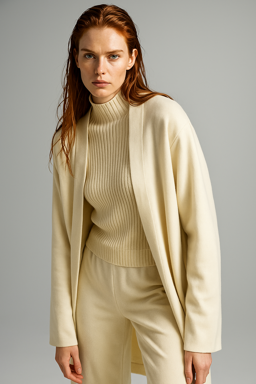 Three-Piece Knit Lounge Set with Ribbed High-Neck Sweater, Wide-Leg Pants, and Open Cardigan