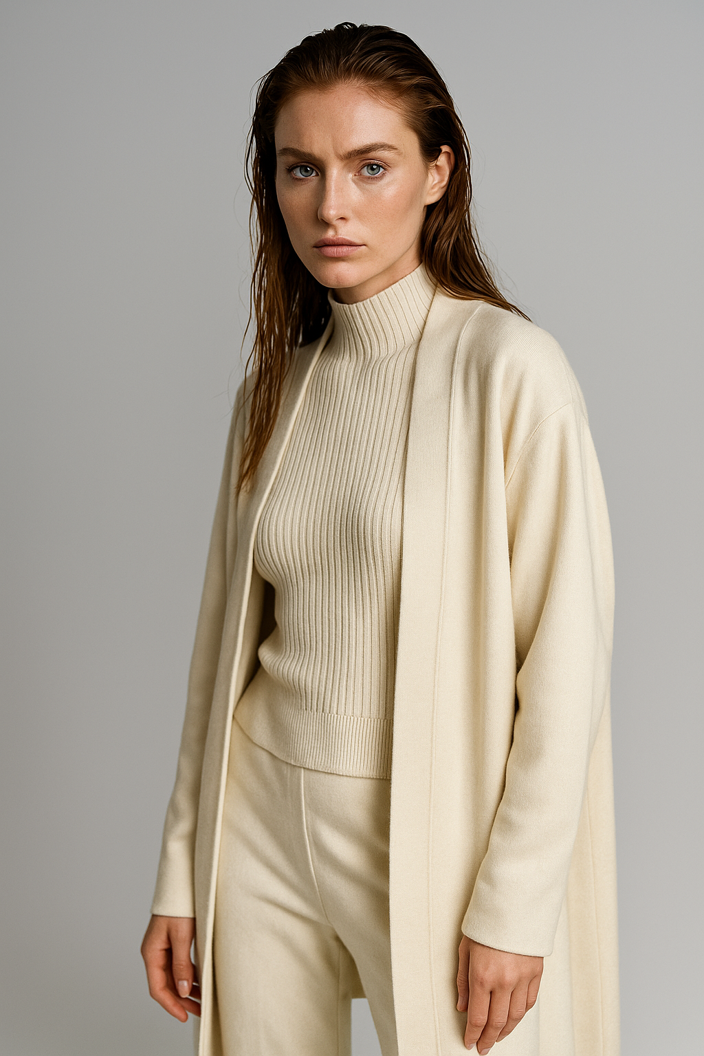 Three-Piece Knit Lounge Set with Ribbed High-Neck Sweater, Wide-Leg Pants, and Open Cardigan