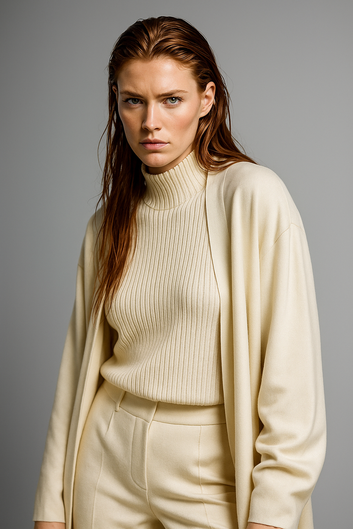Three-Piece Knit Lounge Set with Ribbed High-Neck Sweater, Wide-Leg Pants, and Open Cardigan