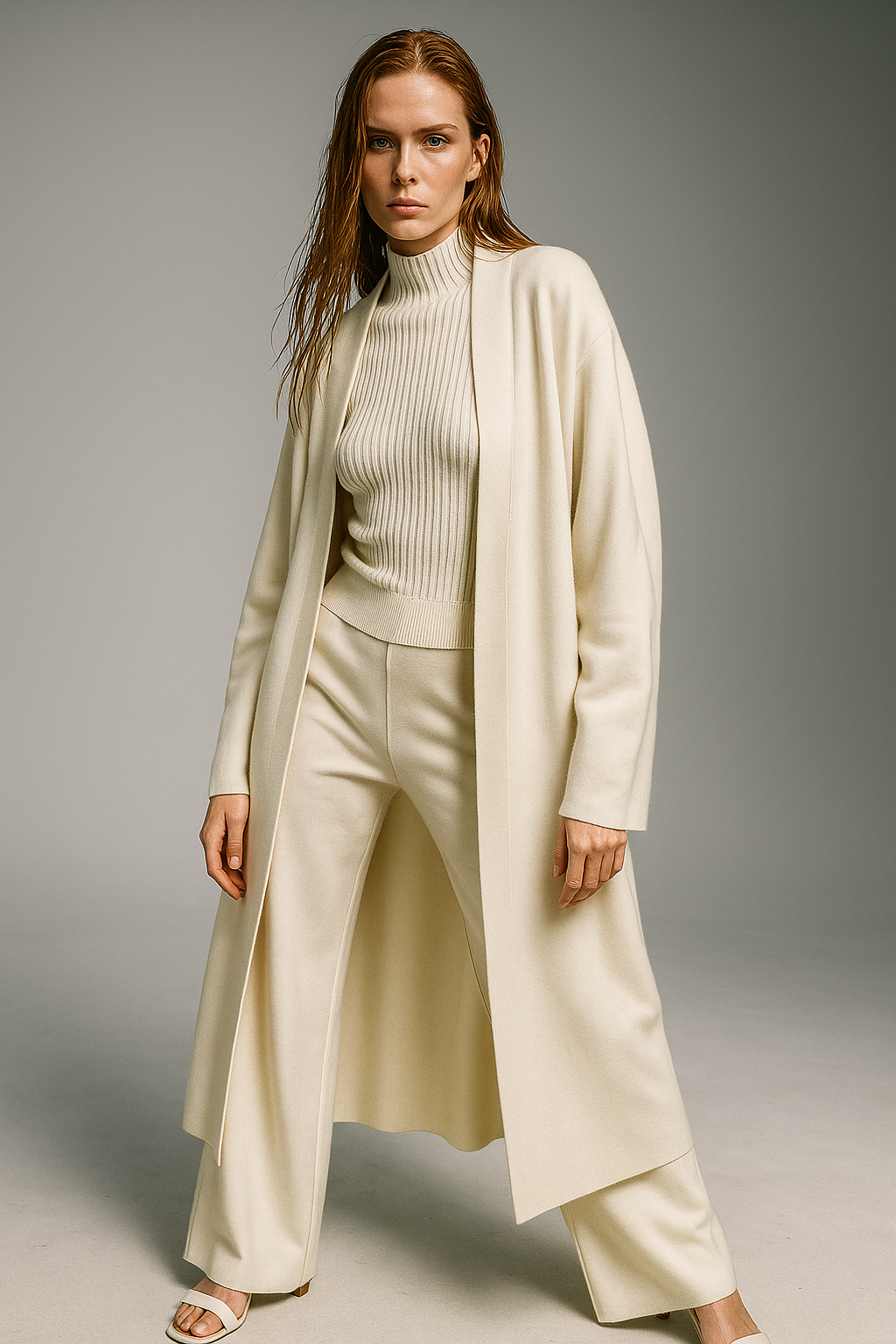 Three-Piece Knit Lounge Set with Ribbed High-Neck Sweater, Wide-Leg Pants, and Open Cardigan