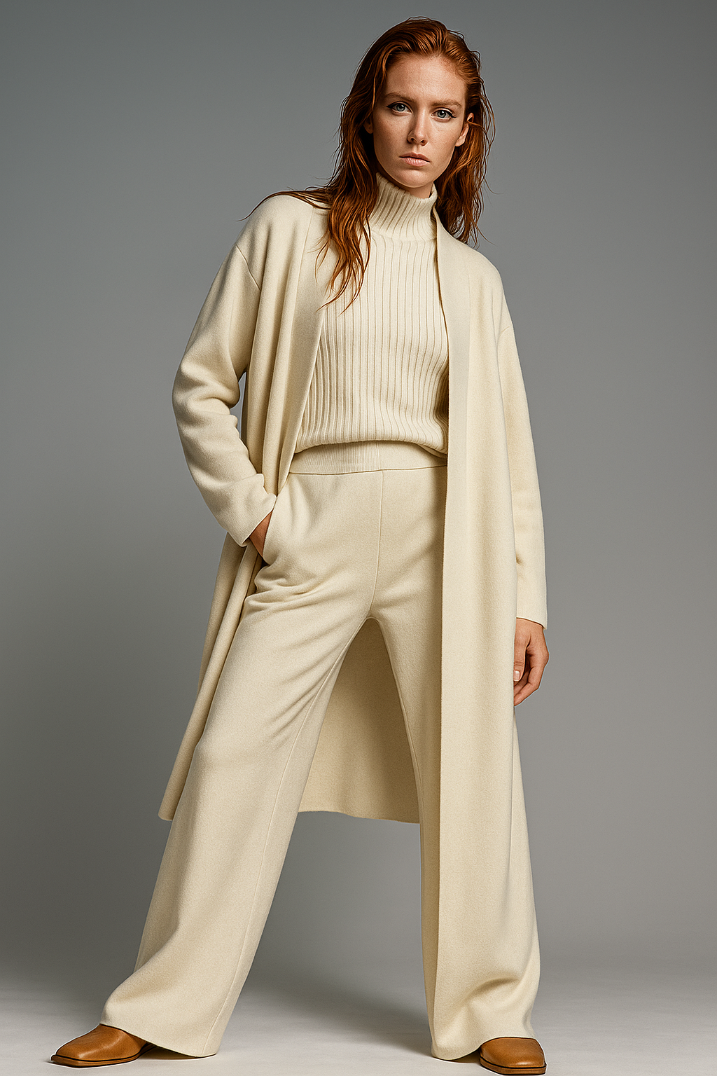 Three-Piece Knit Lounge Set with Ribbed High-Neck Sweater, Wide-Leg Pants, and Open Cardigan