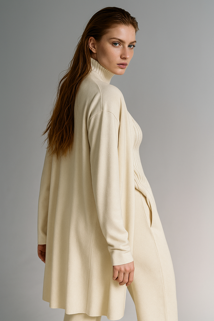 Three-Piece Knit Lounge Set with Ribbed High-Neck Sweater, Wide-Leg Pants, and Open Cardigan