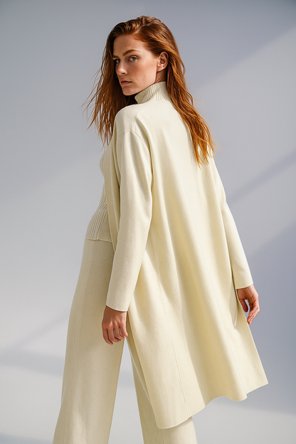 Three-Piece Knit Lounge Set with Ribbed High-Neck Sweater, Wide-Leg Pants, and Open Cardigan