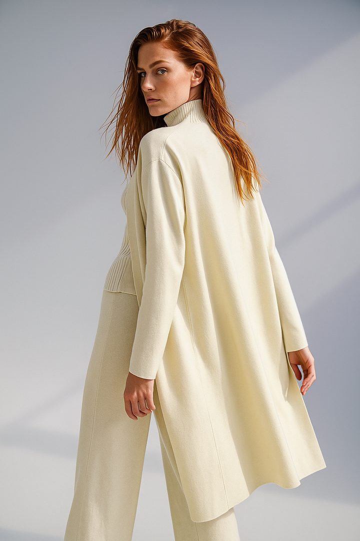 Three-Piece Knit Lounge Set with Ribbed High-Neck Sweater, Wide-Leg Pants, and Open Cardigan