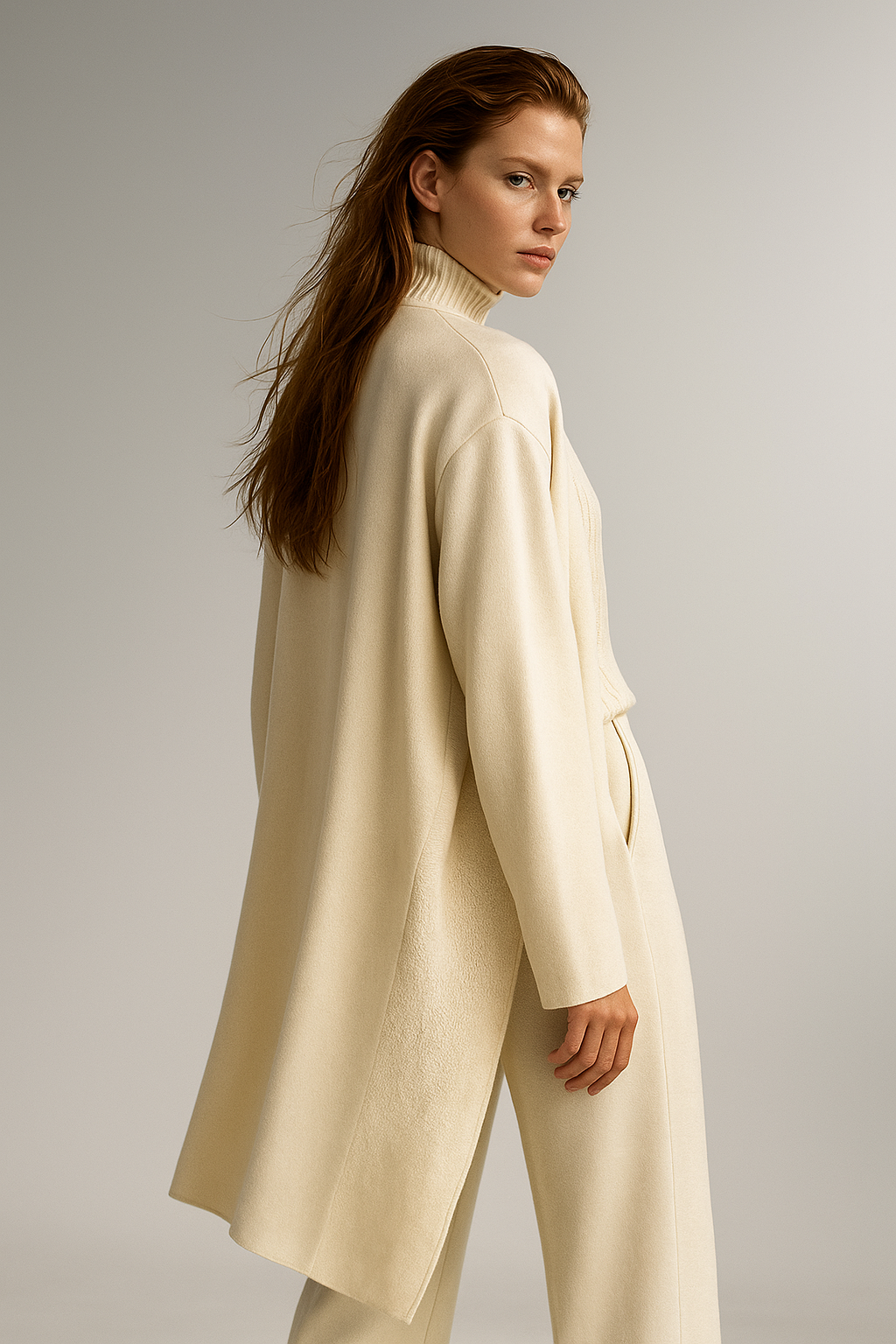 Three-Piece Knit Lounge Set with Ribbed High-Neck Sweater, Wide-Leg Pants, and Open Cardigan