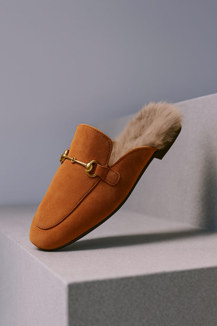Fur-Lined Suede Mule Slippers with Premium Lamb and Rabbit Fur Lining and Gold-Tone Hardware